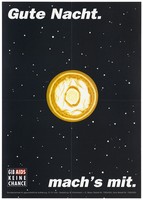 view A full moon in a black night sky with a yellow condom for the moon; representing protection against AIDS. Colour lithograph after M. Kolvenbach and G. Meyer, 199-.