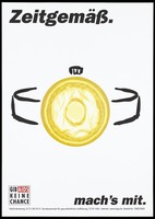 view A watch with a yellow condom instead of a face; representing protection against AIDS. Colour lithograph, 199-.