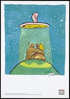 view A naked woman and a naked man making love on a hill on a starry night, bathed in a light coming from UFO floating above them, with a condom instead of UFO; representing protection against AIDS. Colour lithograph after C. Steckelbruck, 1993.