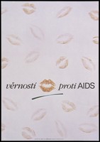 view Lipstick kiss marks scattered on a light background; representing promiscuity as a risk-factor for AIDS. Colour lithograph after V. Kozlík, 1989.