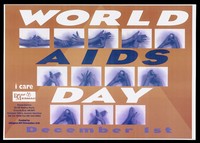 view Hands spelling out World Aids Day in sign language. Colour lithograph.