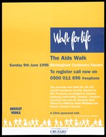 view White silhouetted walking figures advertising a sponsored walk in Birmingham to raise money for AIDS. Colour lithograph, 1996.