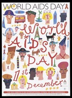 view Red ribbons litter an illustration showing a series of faces; monuments, including a London double decker bus, denote cities around the world; an advertisement for World AIDS day . Colour lithograph by National AIDS Trust, 1994.