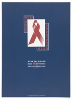 view A red ribbon within a white box surrounded by the merged letters Red Ribbon and Aids Awarness. Colour lithograph by Red Ribbon International, 1992.