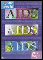 view The word 'AIDS' appearing three times against backgrounds including a world map; an advertisement for World Aids Day, 1st December 1996. Colour lithograph, 1996.