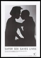 view A bedroom in which a woman and a man in silhouette face each other with arms engaged; an advertisement for the Brent HIV centre. Lithograph.