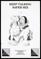 view A bearded man in earrings and a nun's uniform holding an apple while tweaking the nipple of a naked man; a snake entwines the two figures; an advertisement for the London Lesbian and Gay Switchboard. Lithograph.