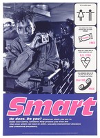 view A style-conscious black man holds up a packet of condoms, with symbols (man and woman, condom, British standard kitemark, telephone handset) representing "smart" ways to prevent AIDS. Colour lithograph by Photo Co-op, Glover/Hughes and Big-Active Ltd. for Mainliners, 1990/1995.