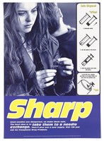 view A woman holding a needle (a "sharp") and syringe, with diagrams for safe disposal of used needles; representing services of Mainliners for people at risk of AIDS. Colour lithograph by Photo Co-op, Glover/Hughes and Big Active Ltd. for Mainliners, 1990/1995.