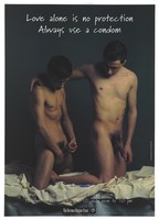view Two men prepare to have sex as one man puts on a condom; a tube of lubricant lies beside them; an advert for safe sex by the Terrence Higgins Trust. Colour lithograph.