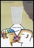 view Two graphic male faces in act of kissing, with text on risks of starting new relationships; an advertisement for the National Aids Helpline by the Liverpool Health Promotion Agency. Colour lithograph, 1994.