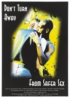 view Two men caressing in an image pixelated at the edge; an advertisement for the Terrence Higgins Trust helpline for advice about safe sex in AIDS prevention. Colour lithograph, 1994.