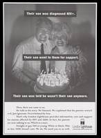 view A couple hold up a cake lit with candles bearing the words 'Happy Anniversary'; advertisement for the support provided by the London Lighthouse centre for those affected by HIV and AIDS. Lithograph.