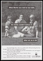 view An older couple sit with their son to advertise the support provided by the London Lighthouse centre for those affected by HIV and AIDS. Lithograph.