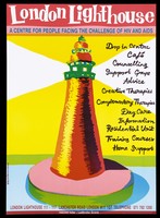 view A lighthouse with two beams of light left and right; advertisement for services provided by the London Lighthouse centre for those with AIDS and HIV. Colour lithograph by Sophie Herxheimer, 1991.