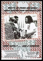view A black man and woman chat to another black man with a bicycle who holds a pack of condoms and wears a t-shirt with the logo for Blackliners; background incorporates repeated images of the heart and penis; advertisement for the Blackliners support group for black people affected by HIV and AIDS. Colour lithograph, 1992.
