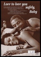 view A black couple lie on a bed together smiling; advertisement for the new female condom by the Black HIV/AIDS Network. Brown lithograph.