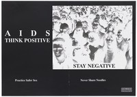 view A negative photograph of a crowd of people against a black background; advertisement for safer sex to prevent AIDS/HIV by the Department of Health. Lithograph.