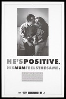 view A couple sit on the edge of a bed holding hands with their heads together; advertisement for an exhibition on HIV by Network Photographers and the Terrence Higgins Trust. Lithograph.