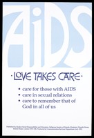 view The words AIDS in large letters in white against pale blue; advertisement for services provided by the Religious Society of Friends (Quakers) for those with AIDS. Colour lithograph, 1992.
