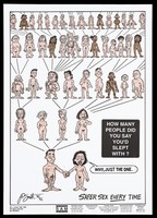 view Numerous naked figures laid out in the form of a family tree; advertisement for safe sex by Scottish Aids Monitor. Colour lithograph by J.P.Smith,1992.