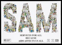 view Numerous figures form the word 'SAM'; advertisement for services offered by the Scottish Aids Monitor. Colour lithograph by J. P. Smith, 1992.