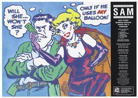 view A woman wearing long black gloves and a collared sleeveless red dress offers a man a condom with speech bubbles; an advertisement for safer sex by the Scottish Aids Monitor. Colour lithograph.