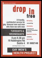 view List of services provided by the Gay Men's Health Project. Colour lithograph.