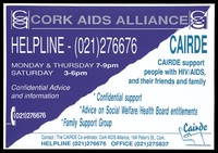 view Helpline and support services offered by the Cork Aids Alliance and Cairde for those with HIV/AIDS. Colour lithograph.