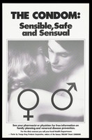 view A naked couple embrace with the male and female symbols; advertisement for the use of condoms to prevent venereal diseases like AIDS. Lithograph.