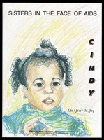 view Cindy, a girl with black hair tied up who holds a toy; advertisement by the National Urban League, Inc for those with or affected by AIDS. Colour lithograph by P. Beane.