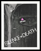 view A denim jacket with a badge bearing the letters 'silence=death'; warning about the need to be open about AIDS. Colour lithograph.