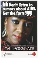 view Patte Labelle, a black woman wearing silver earrings; an advertisement for information about AIDS provided by The Red Cross. Colour lithograph.