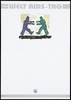 view Two people walking towards each other with their arms outstretched; representing solidarity with AIDS victims on World AIDS day. Colour lithograph, 199-.