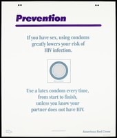 view Cross-section of a latex condom with explanation on how to prevent the transmission of HIV; tenth of sixteen advertisement posters by the American Red Cross promoting education about AIDS. Colour lithograph, 1992.