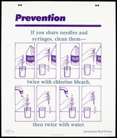 view How to clean needles and syringes; twelfth of sixteen advertisement posters by the American Red Cross promoting education about AIDS. Colour lithograph, 1990.