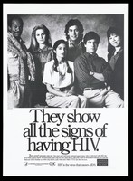 view Men and women with a warning about the invisible signs of having HIV; a poster from America responds to Aids advertising campaign. Lithograph, 1994.