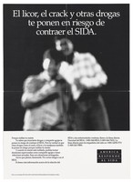 view Two blurred figures with a warning about the risk of drug abuse and AIDS in Spanish; a poster from the America responds to Aids advertising campaign. Lithograph.