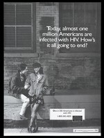 view A man sits on a wall holding the arm of a woman who smiles representing a couple who may have HIV; a poster from the America responds to Aids advertising campaign. Lithograph.