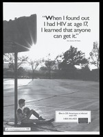 view Peter Zamara, an HIV positive man, sits leaning against a baseball post holding a ball; a poster from the America responds to Aids advertising campaign. Lithograph.