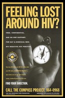 view A hand holding a compass representing the Compass Project for gay and bisexual men with HIV; advertisement by the San Francisco Aids Foundation. Colour lithograph.