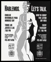 view Profile of a man with information about a drop-in group for Latino gay men; advertisement by the Latino AIDS Project. Lithograph.