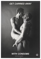 view A naked black man kisses and holds up another while putting on a condom; advertisement for safe sex by the San Francisco AIDS Foundation. Lithograph, 1990.