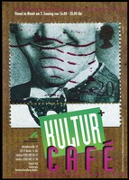 view A British postage stamp including a portrait of the film-actor Stan Laurel, representing monthly meetings for HIV-positive people at the Kultur+ Café, Berlin. Colour lithograph after Kintscher, ca. 1993.