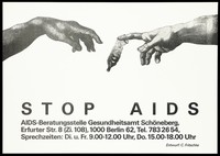 view Michelangelo's painting of the creation of Adam, adapted to show God offering Adam a condom in order to prevent AIDS. Lithograph by C. Fritschke after Michelangelo, 199-.