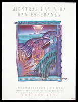 view A couple caress their child in a decorative sea setting; advertisement for information about education services about AIDS for Hispanic American people. Colour lithograph by S. Montoya, 1990.