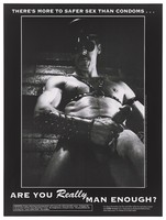 view A man dressed in bondage gear, dark glasses and cap holding his penis; advertisement for safe sex to reduce the risk of HIV by the Core Program. Lithograph by Charles R. Moniz.