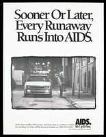 view A prostitute approaches a man in a car; advertisement by the State of California AIDS Education Campaign. Lithograph.