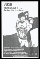 view A man stands behind a heavily pregnant woman in tears whose womb and fetus is displayed representing a warning about the risk of AIDS when pregnant; advertisement for the AIDS Prevention Program in New Orleans. Lithograph by BD (?).