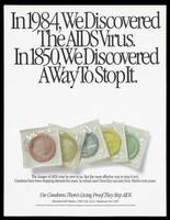 view Packets of coloured condoms; advertisement for the Maryland AIDS hotline. Colour lithograph by Jerry Seidl, 1988.